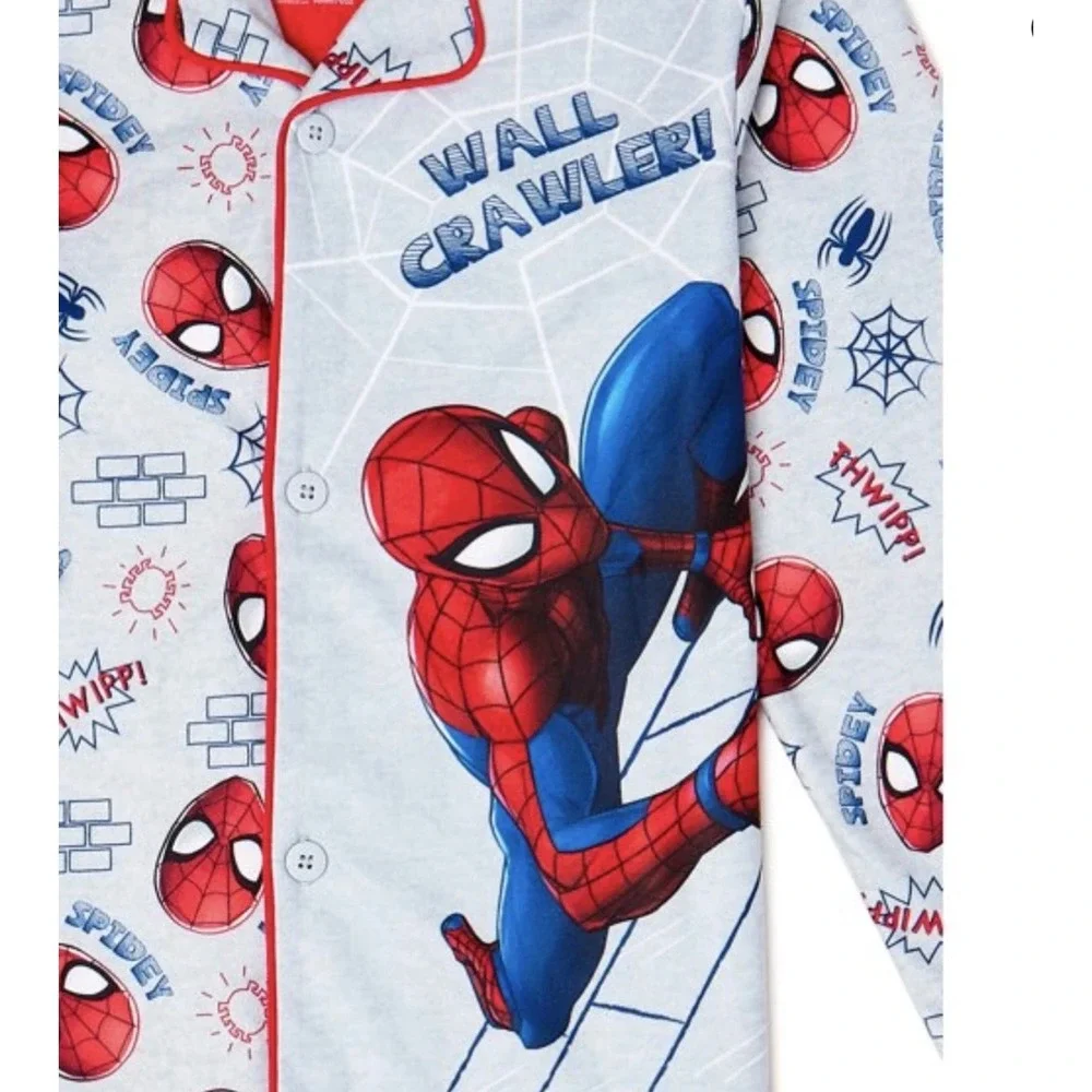 Marvel Spider-Man Boys Pajama Set Coat Style Sz 8 Wall Crawler Fleece Sleepwear‎